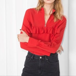Other Stories Blouse Red Frill Ruffle Zip Up Top Long Sleeve Mock Neck